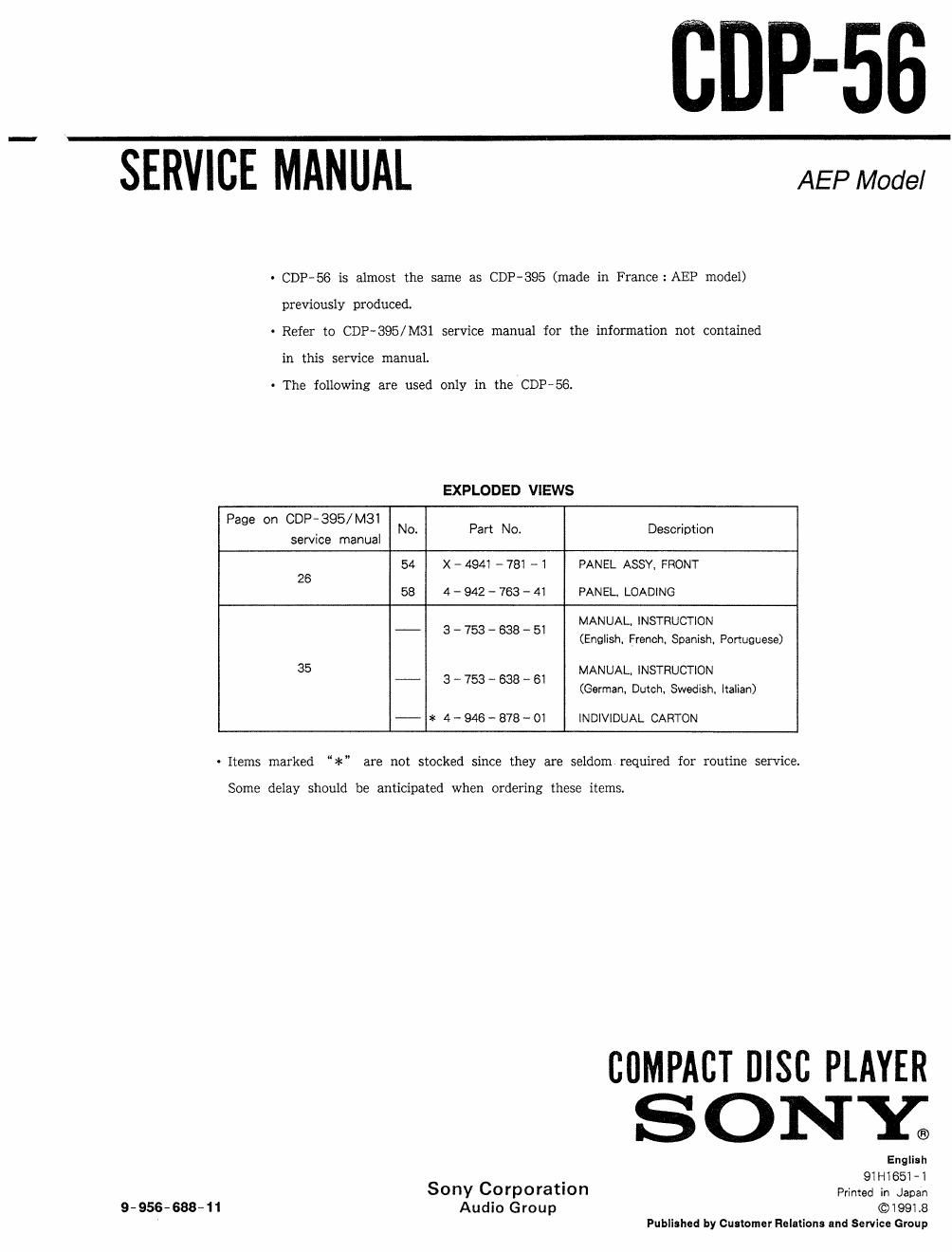 sony cdp 56 service manual