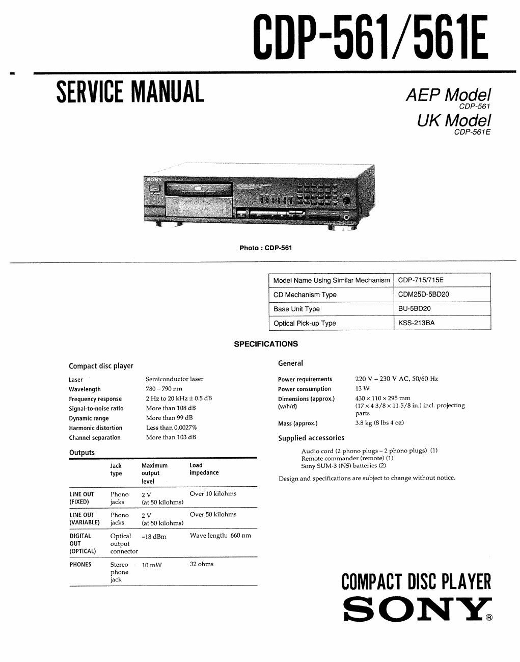 sony cdp 561 service manual