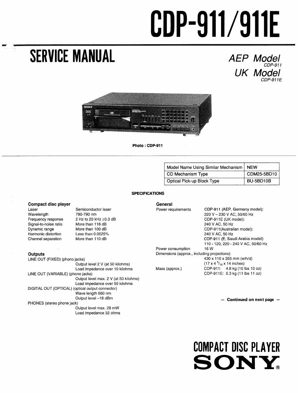 sony cdp 911 service manual