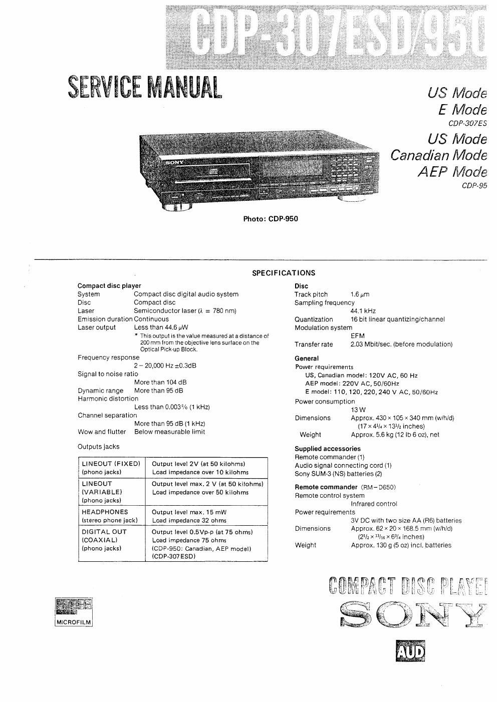 sony cdp 950 service manual