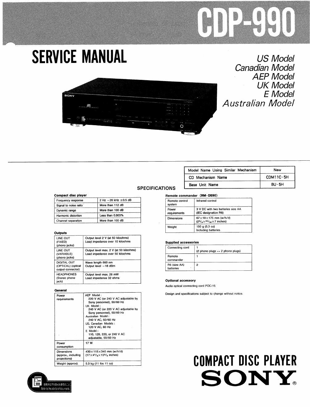 sony cdp 990 service manual