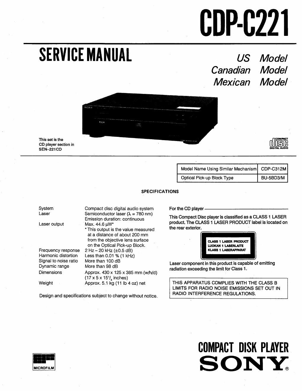 sony cdp c 221 service manual