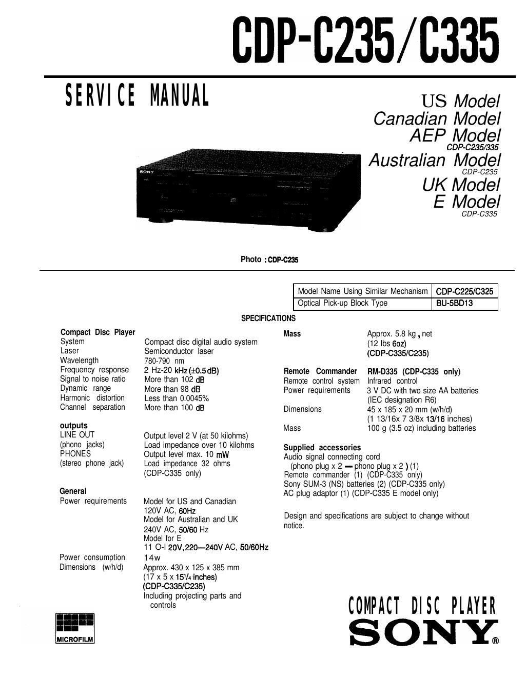 sony cdp c 235 service manual