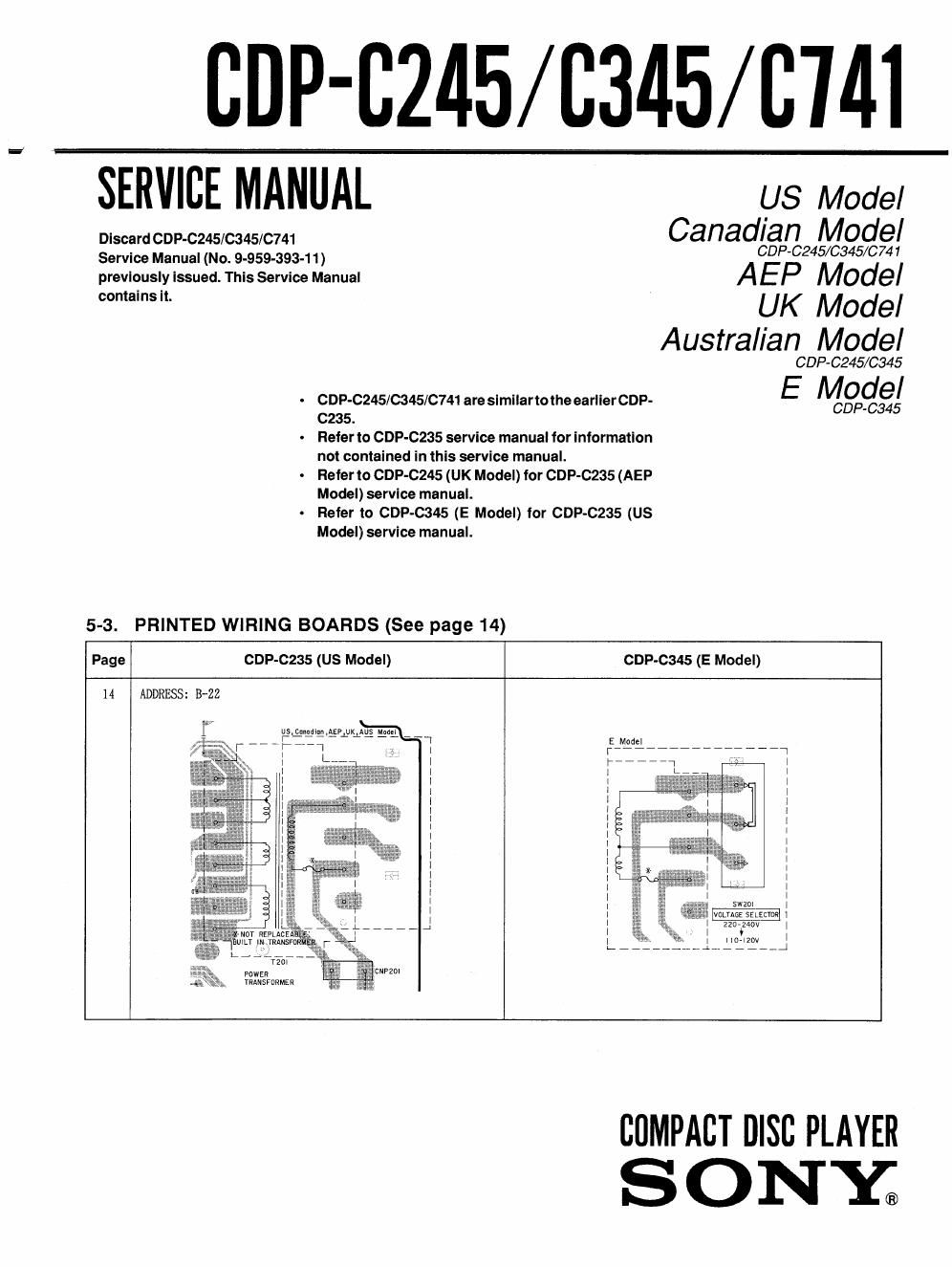 sony cdp c 245 service manual