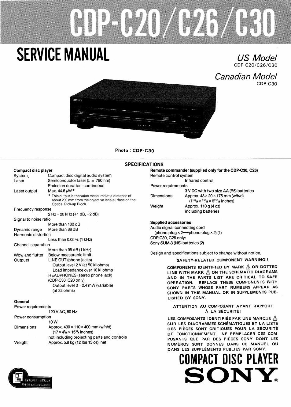 sony cdp c 26 service manual
