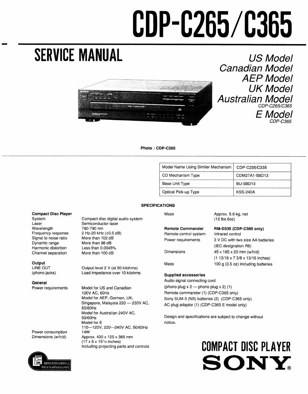 sony cdp c 265 service manual