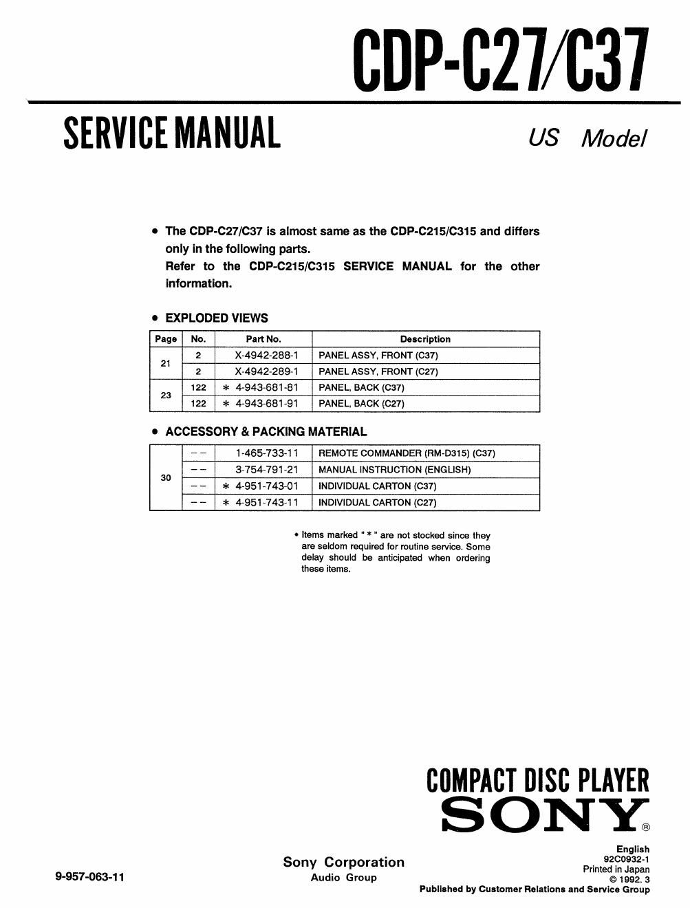 sony cdp c 27 service manual