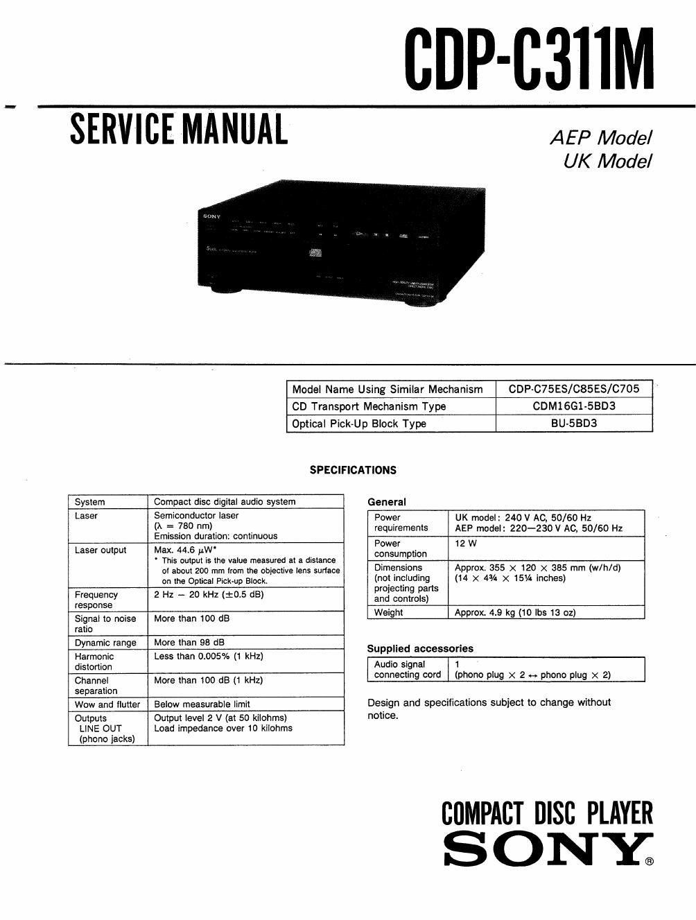 sony cdp c 311 m service manual