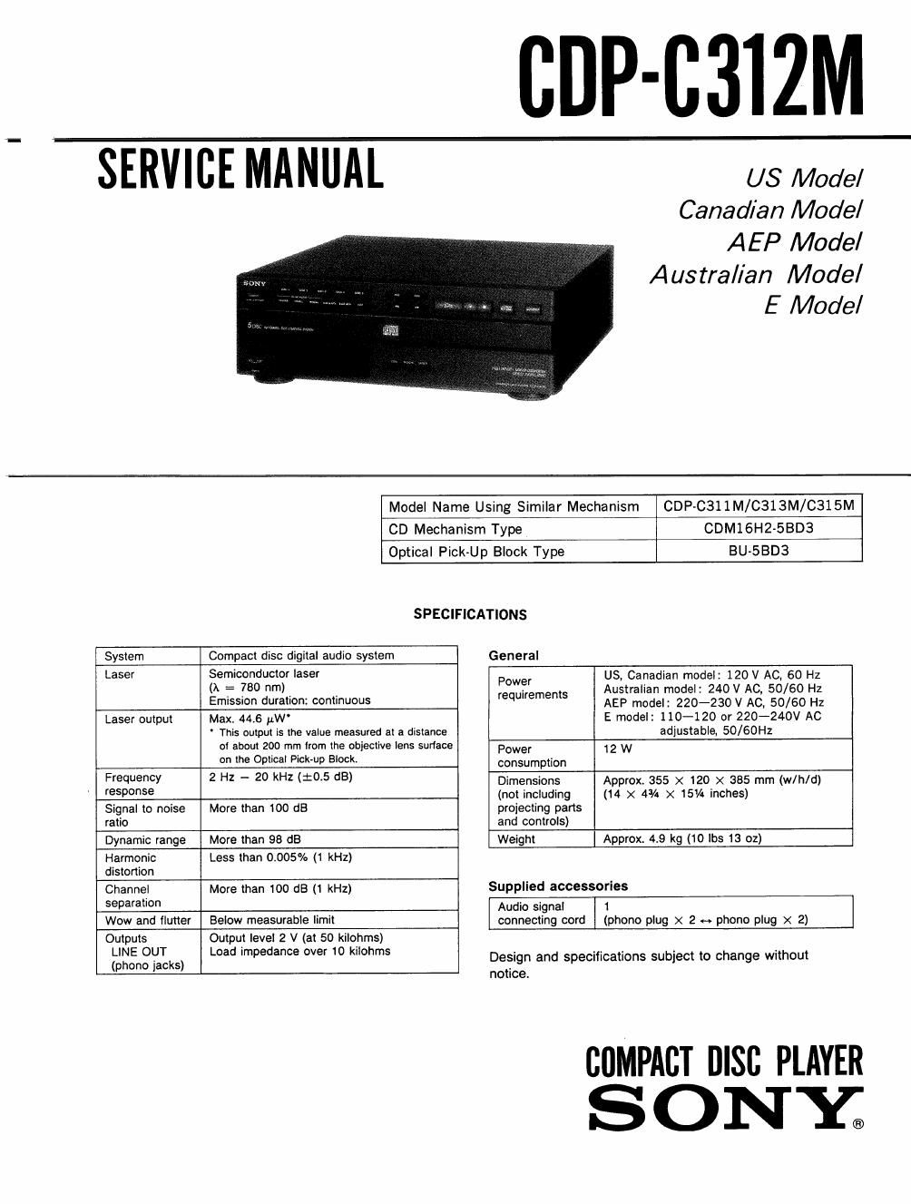 sony cdp c 312 m service manual