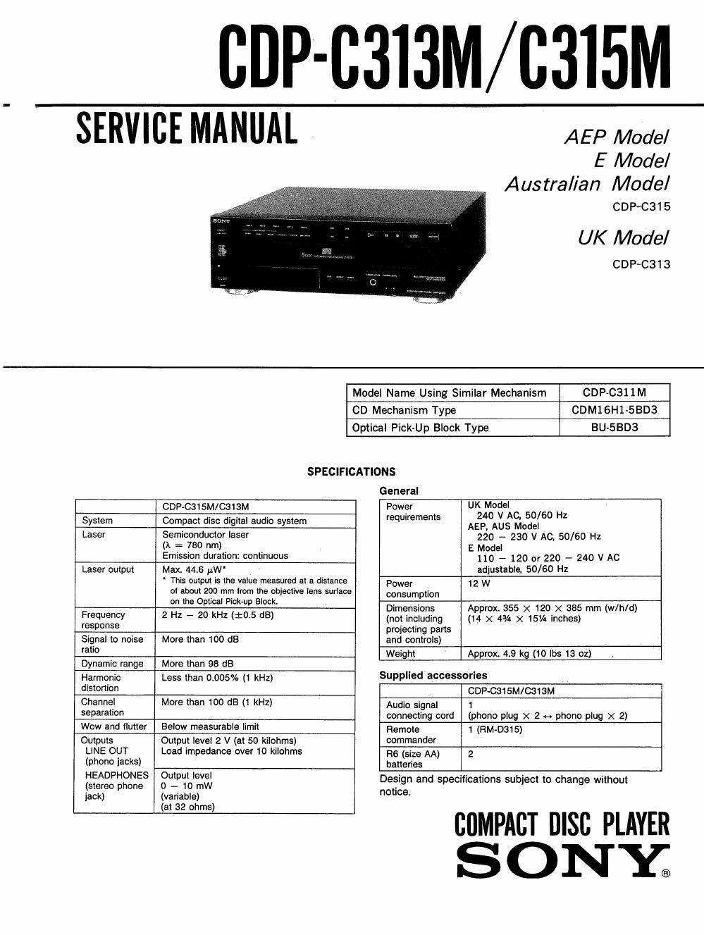 sony cdp c 315 m service manual