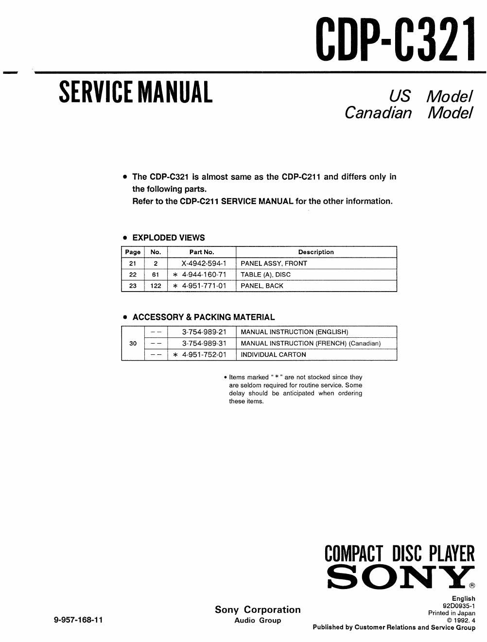 sony cdp c 321 service manual
