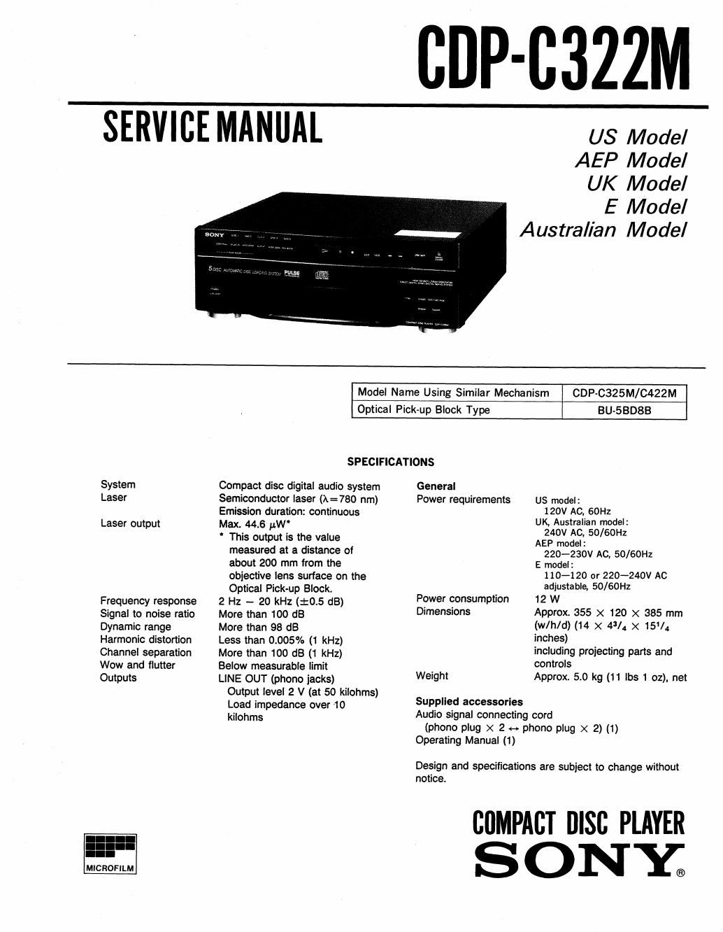 sony cdp c 322 m service manual