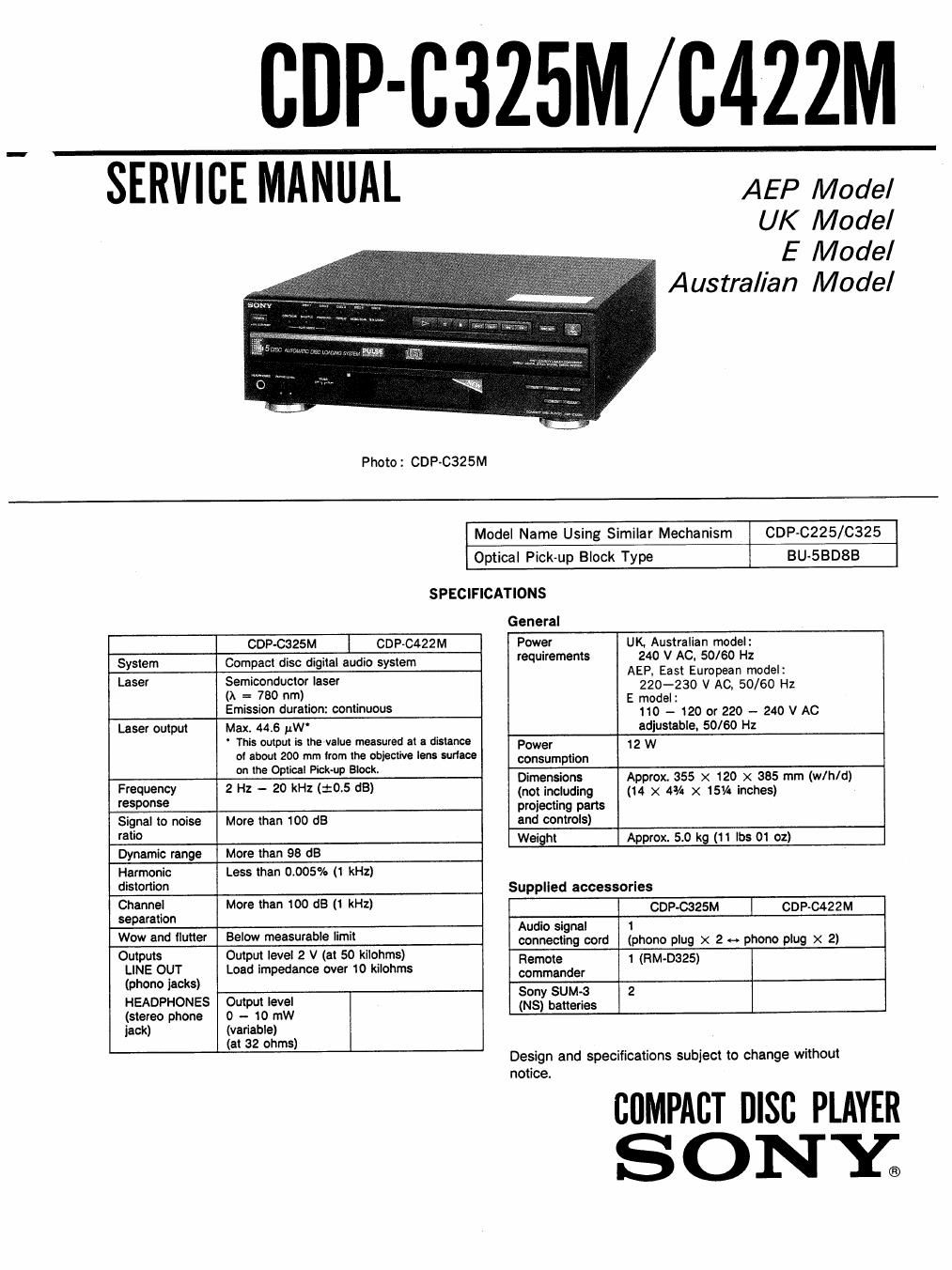 sony cdp c 325 m service manual
