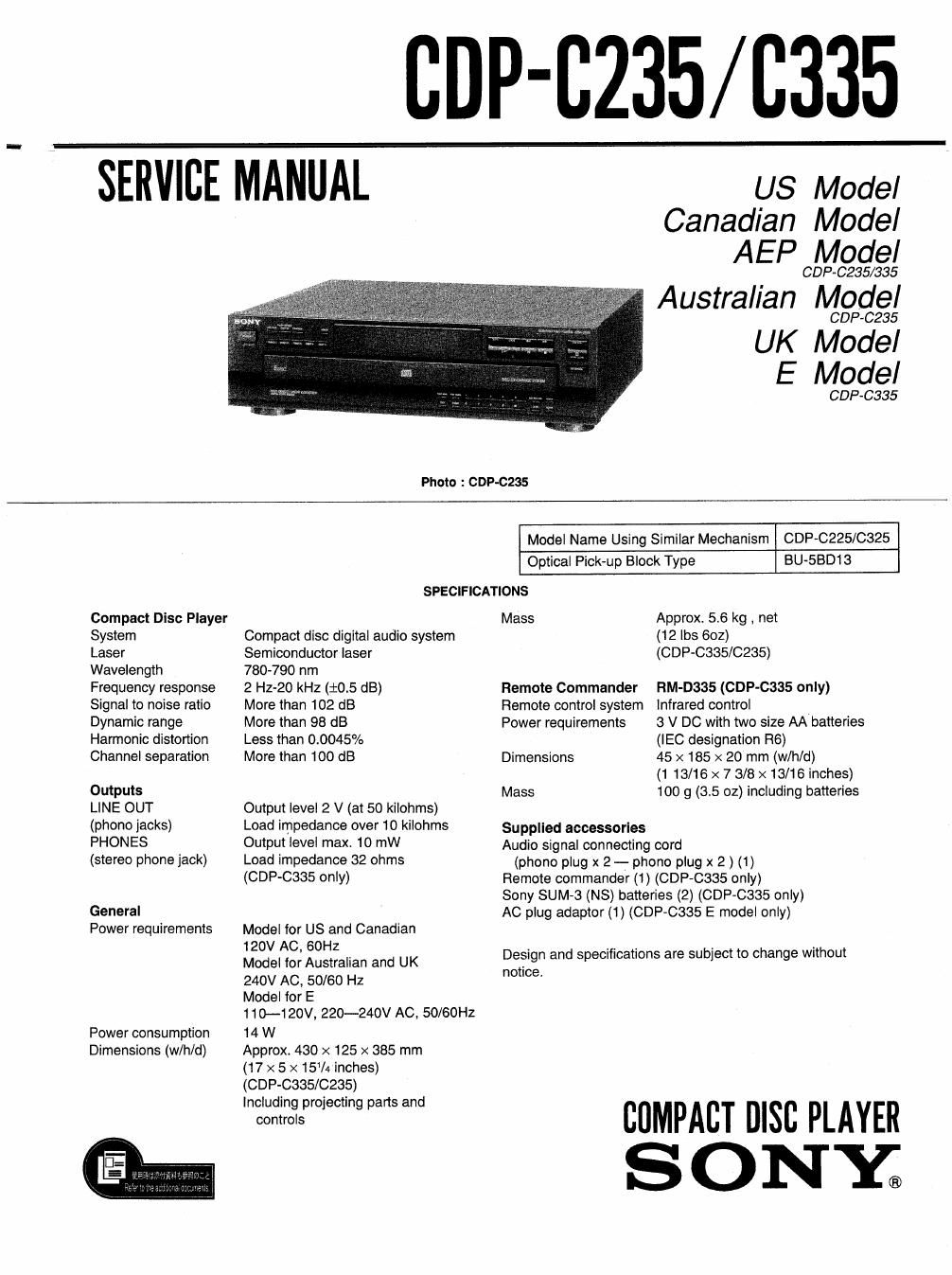 sony cdp c 335 service manual