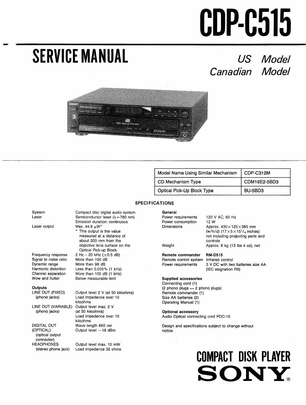 sony cdp c 515 service manual