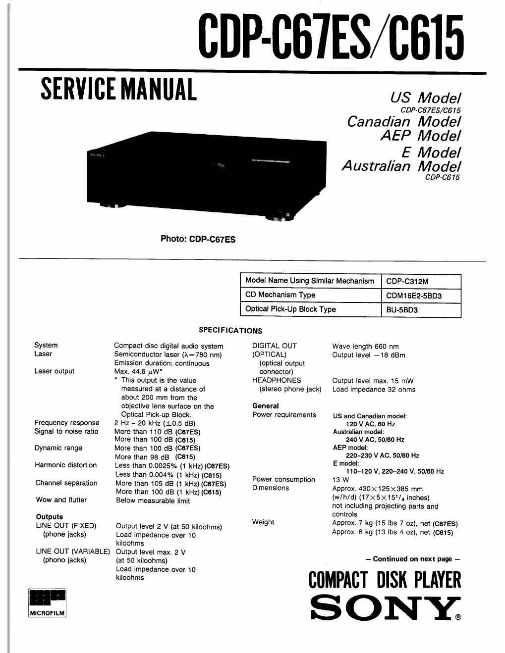 sony cdp c 615 service manual