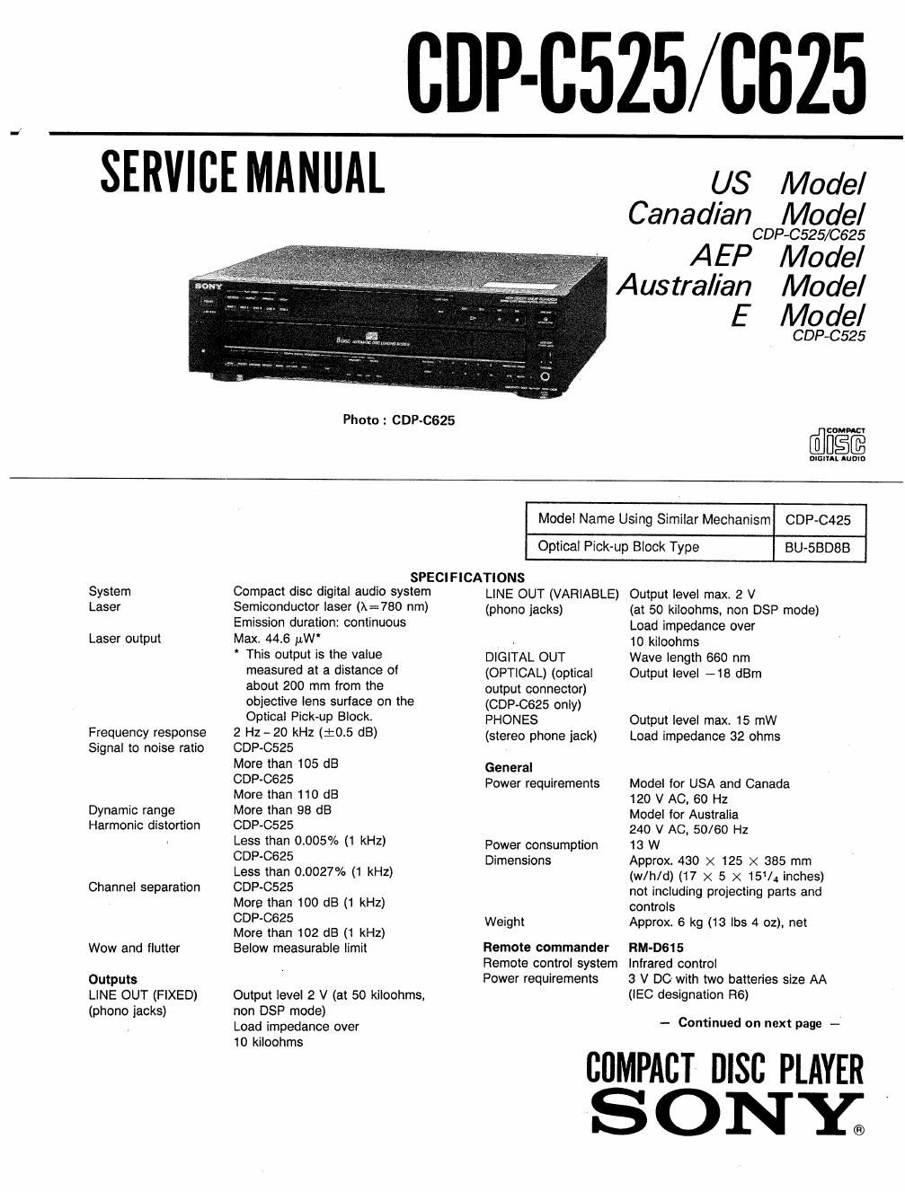 sony cdp c 625 service manual