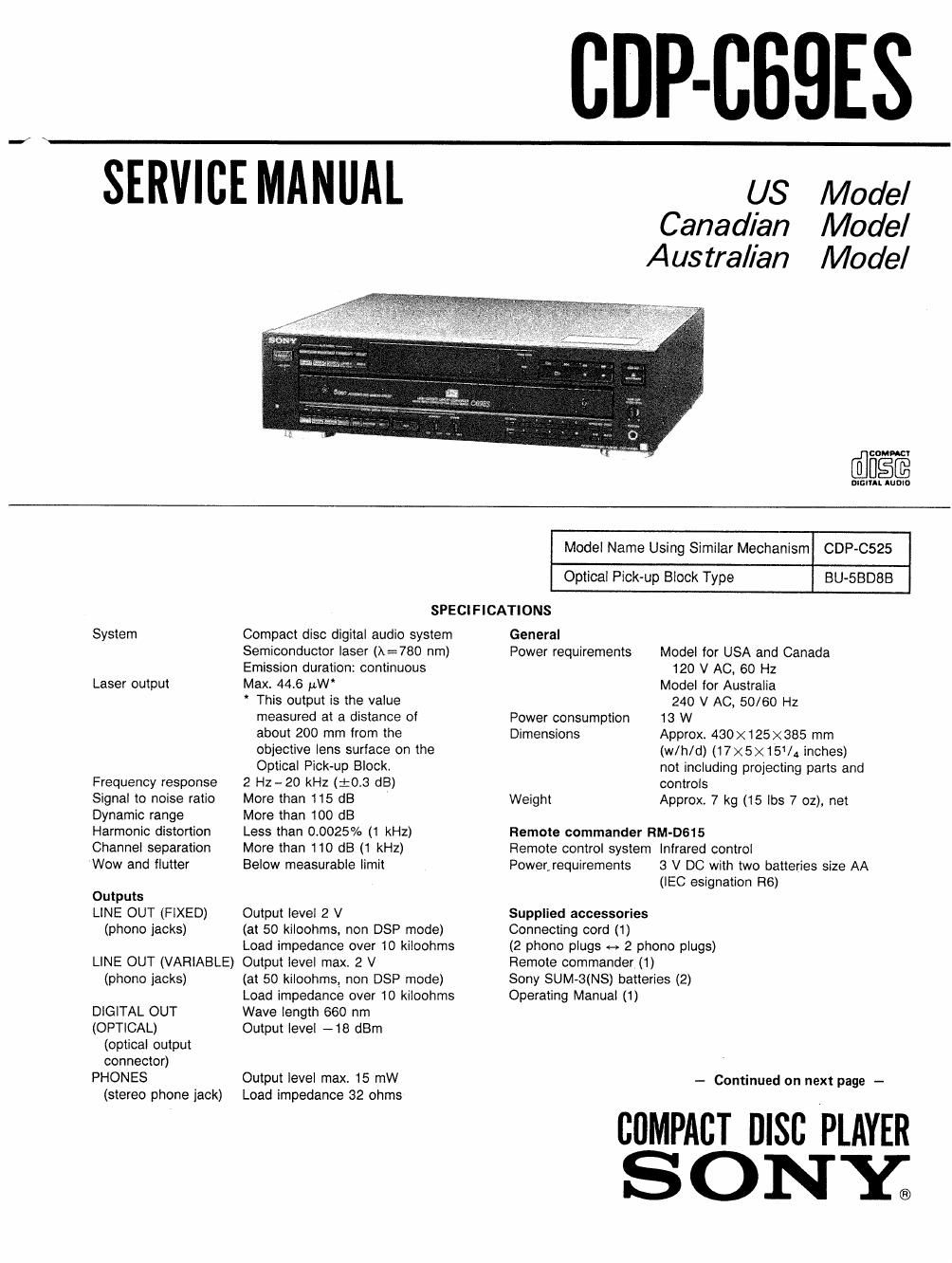 sony cdp c 69 es service manual