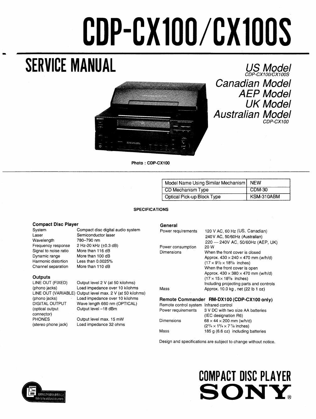 sony cdp cx 100 service manual