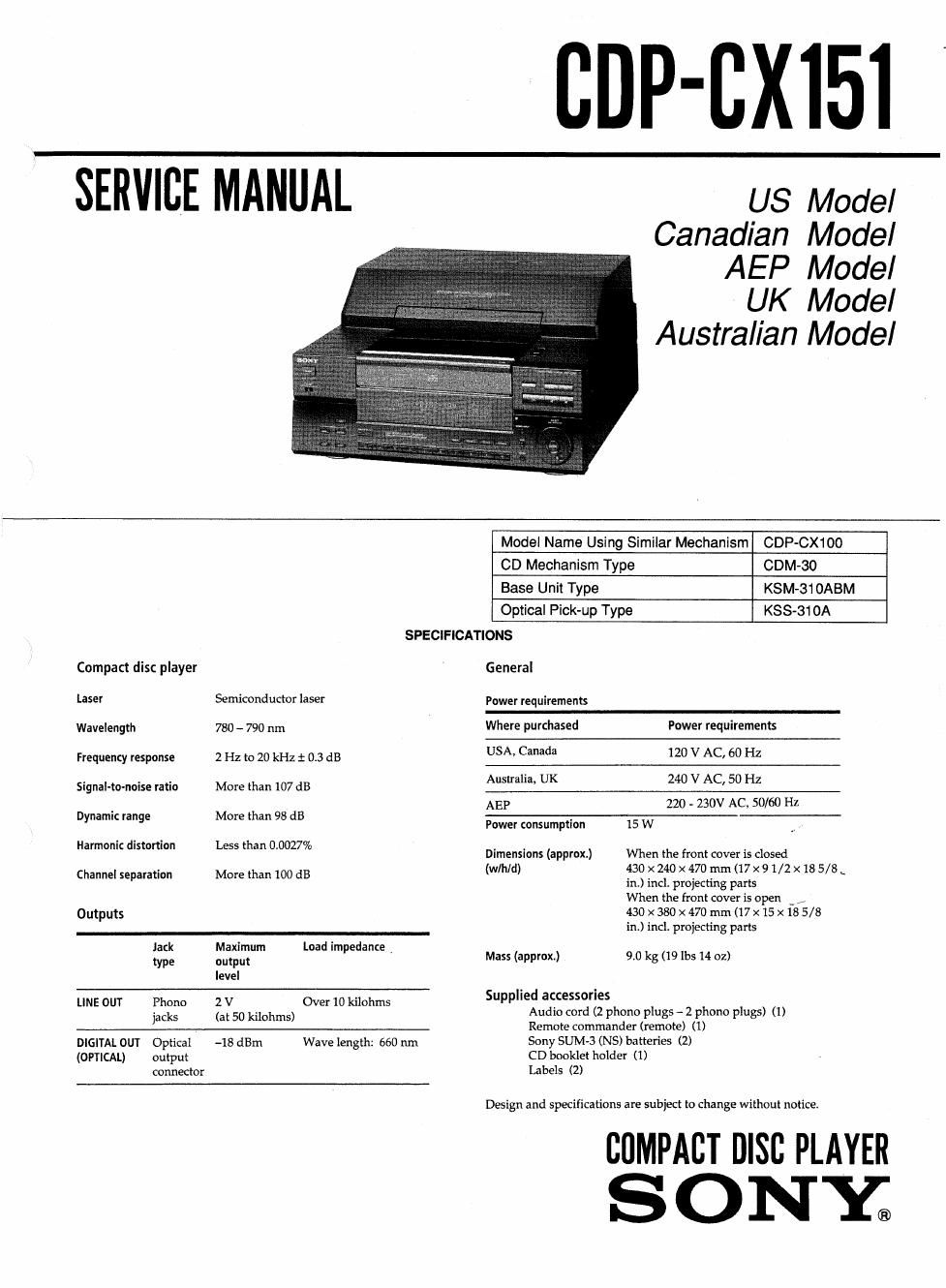 sony cdp cx 151 service manual