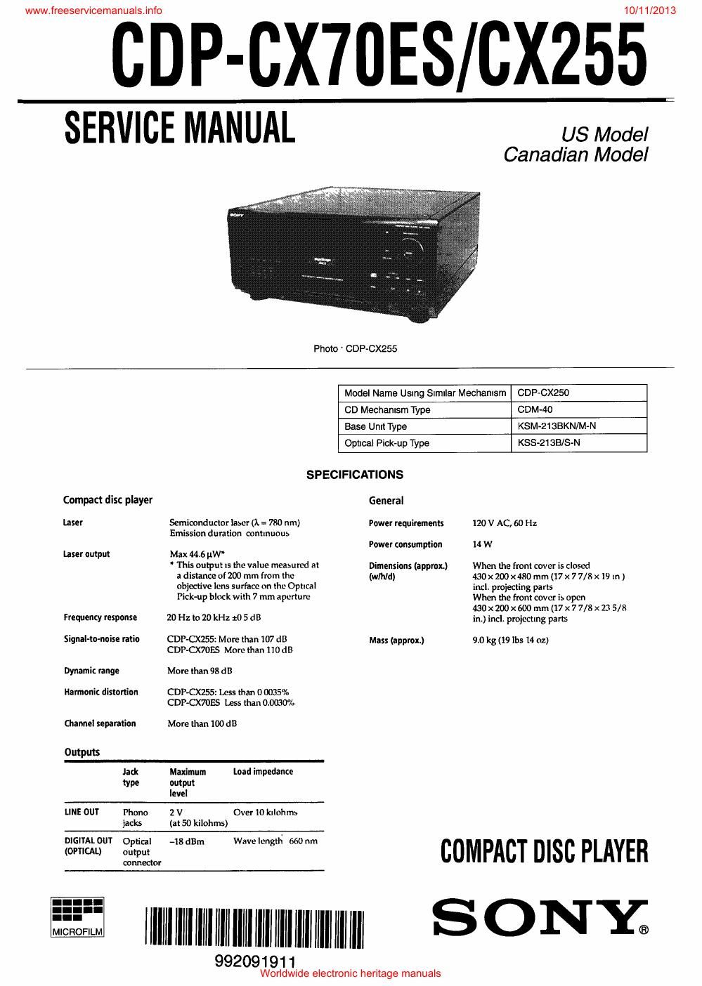 sony cdp cx 255 cd service manual