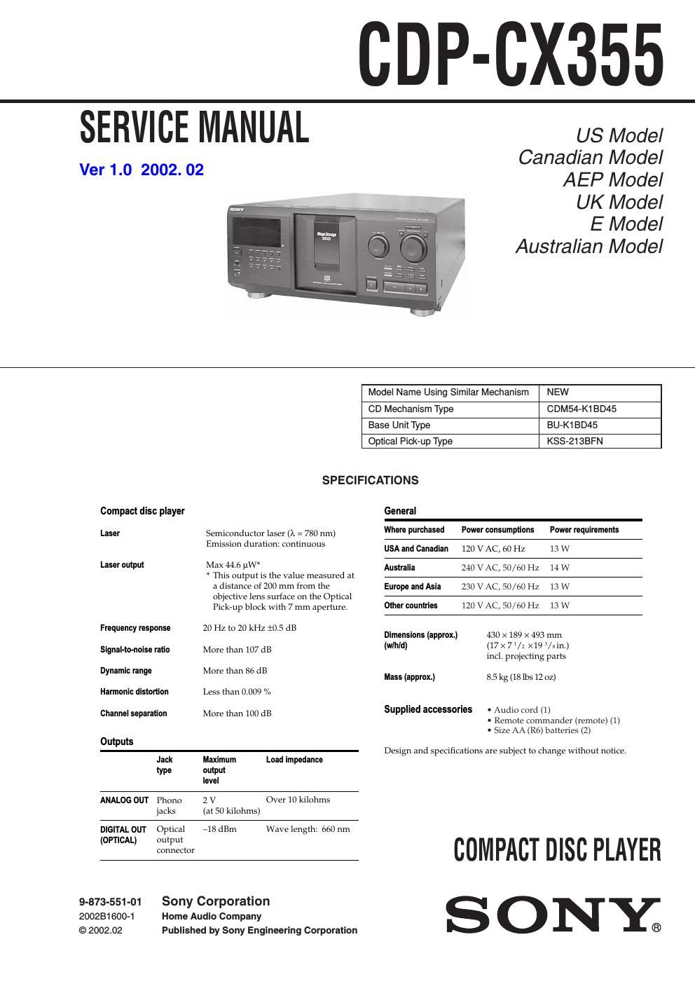 sony cdp cx 355 service manual