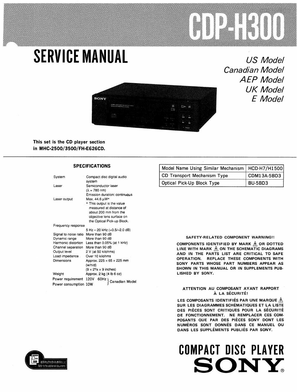sony cdp h 300 service manual