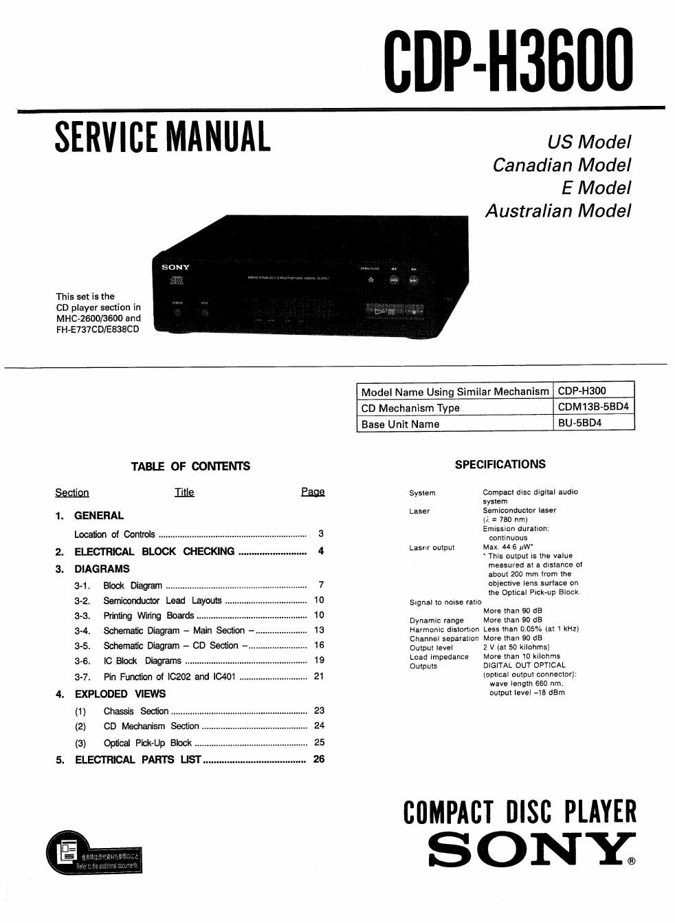 sony cdp h 3600 service manual