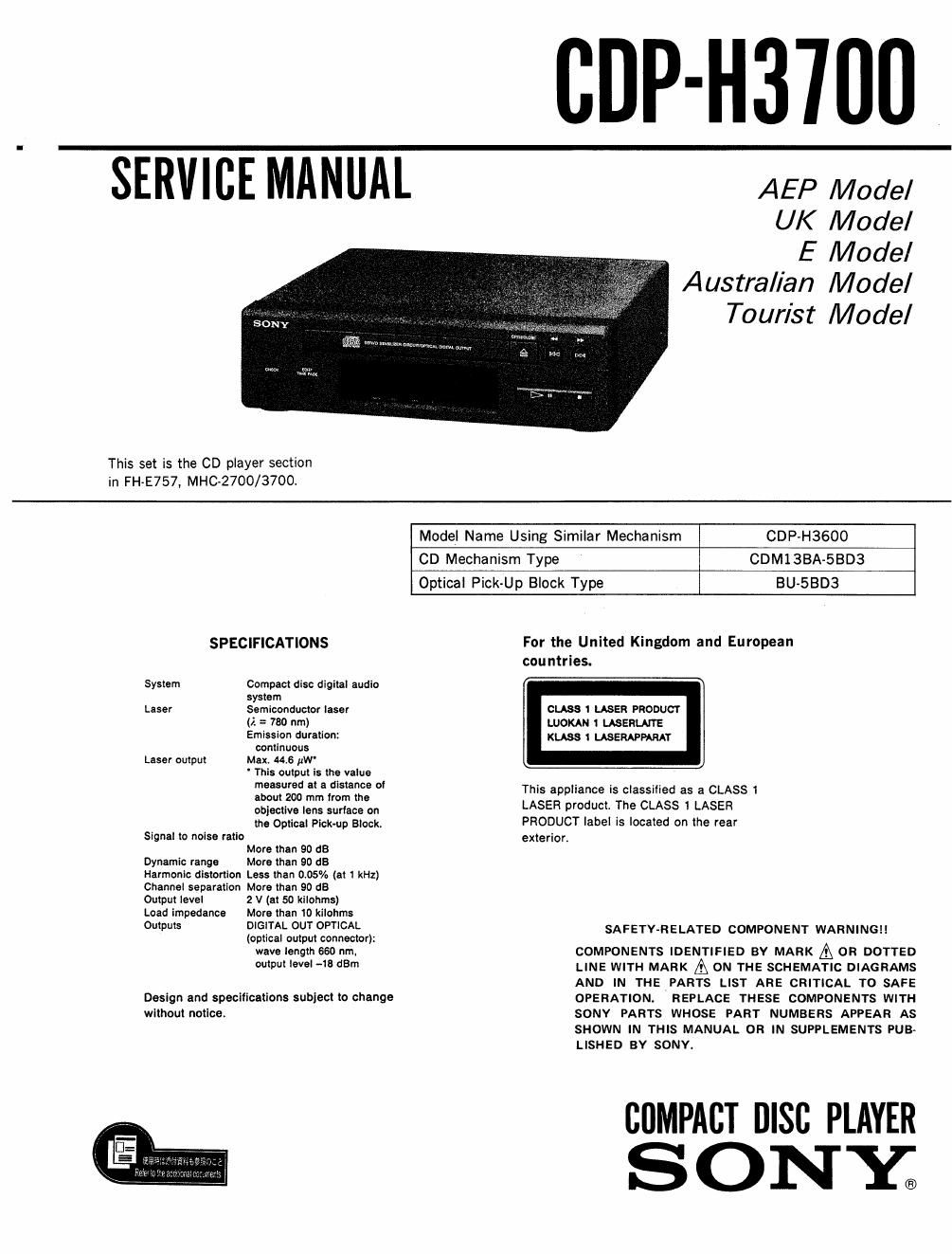 sony cdp h 3700 service manual