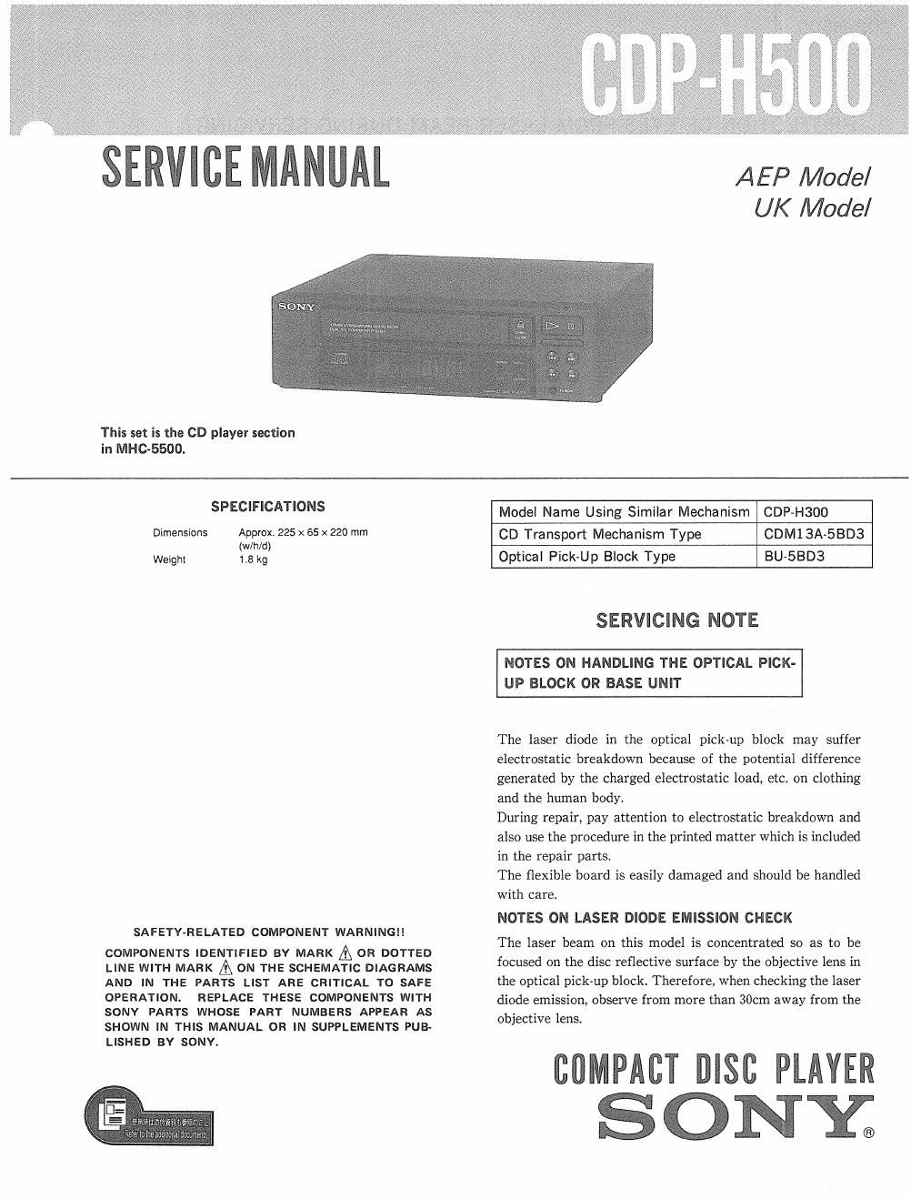 sony cdp h 500 service manual