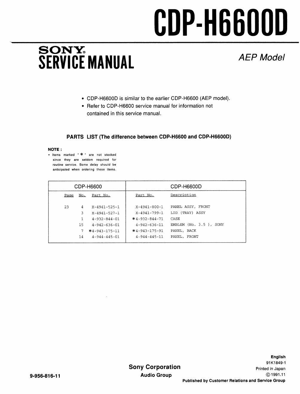 sony cdp h 6600 d service manual