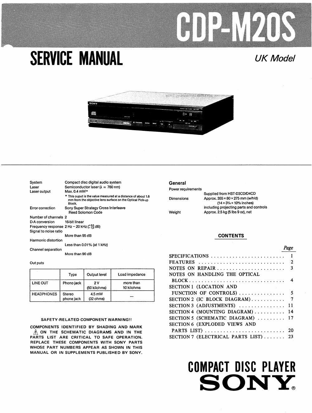 sony cdp m 20 s service manual