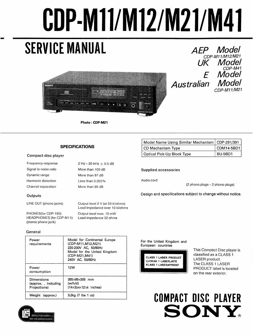 sony cdp m 21 service manual
