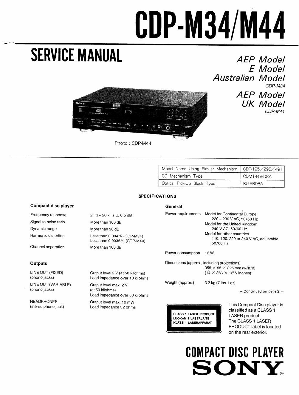 sony cdp m 44 service manual