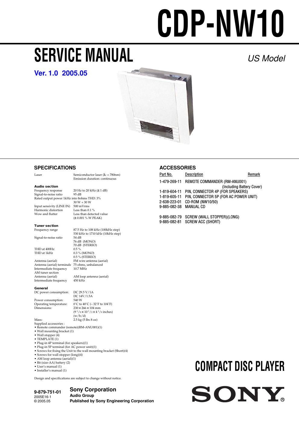 sony cdp nw 10 service manual