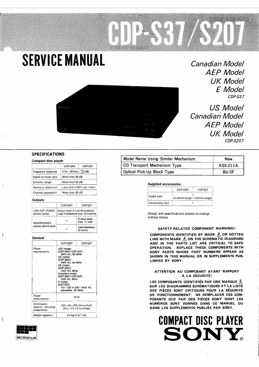 sony cdp s 207 service manual