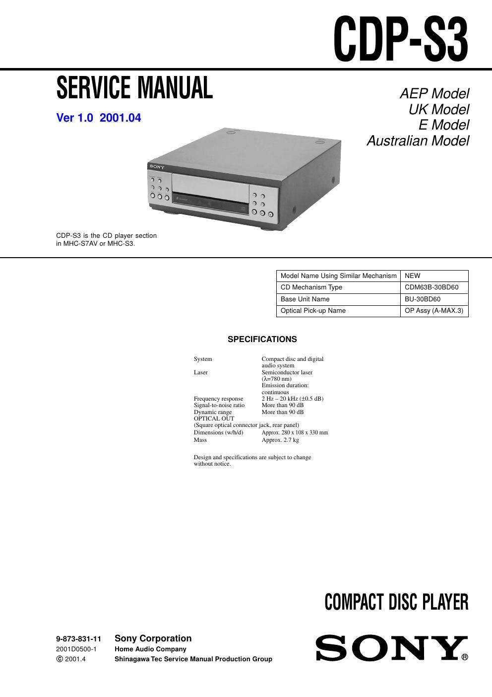 sony cdp s 3 service manual