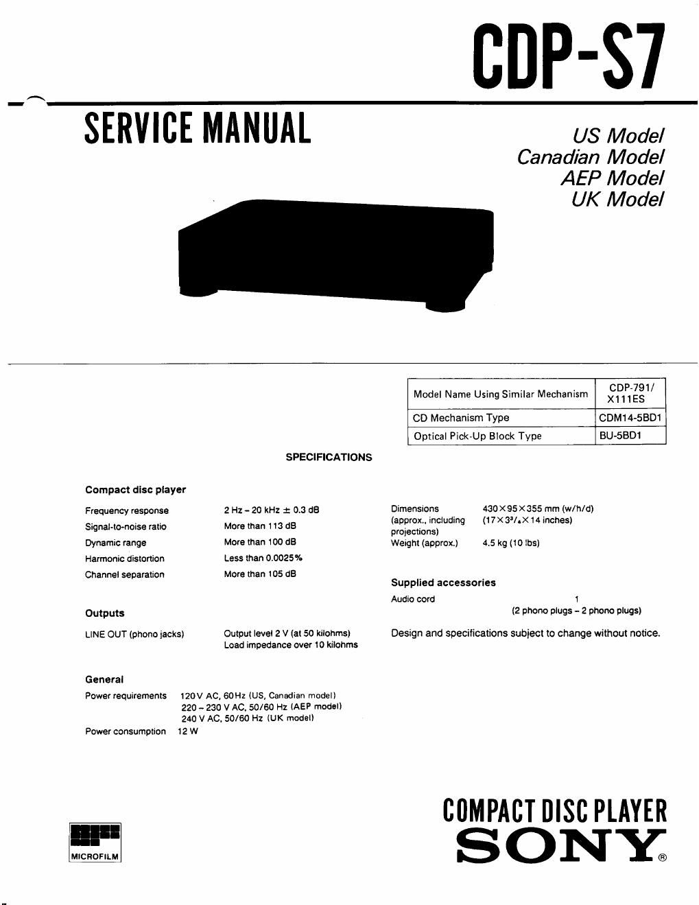 sony cdp s 7 service manual