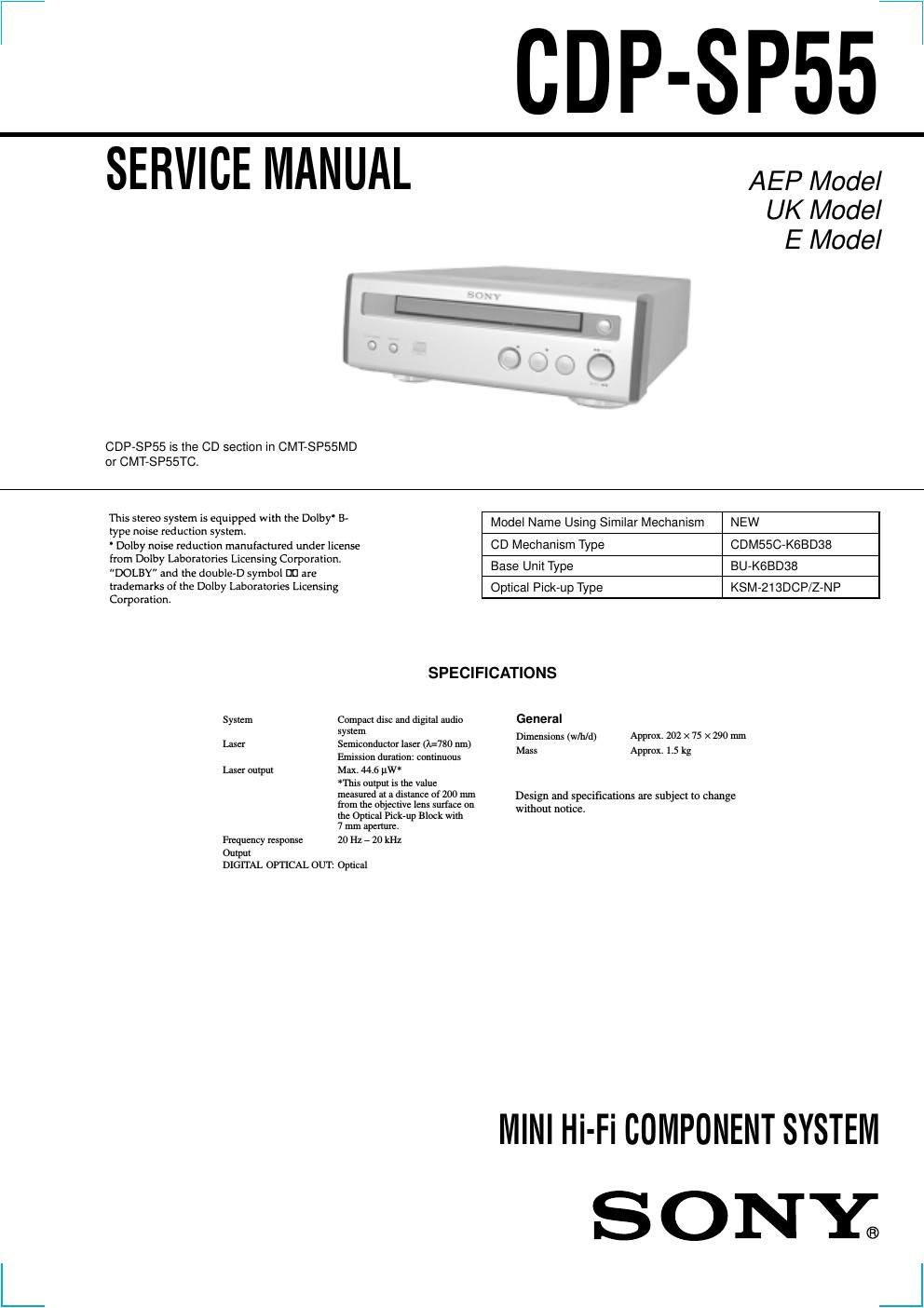 sony cdp sp 55 service manual