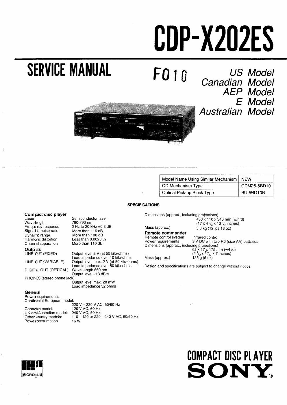 sony cdp x 202 es service manual