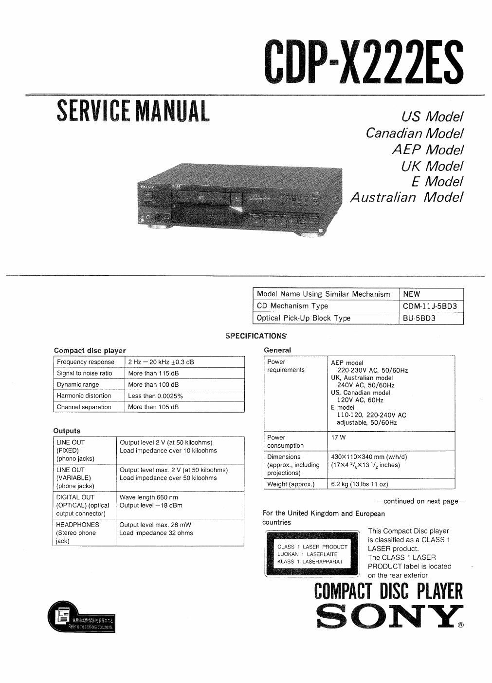 sony cdp x 222 es service manual