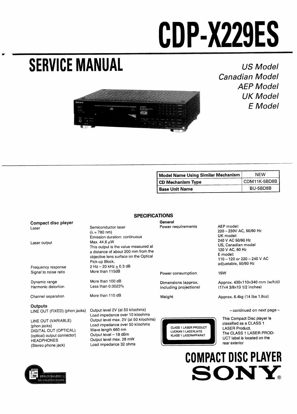 sony cdp x 229 es service manual