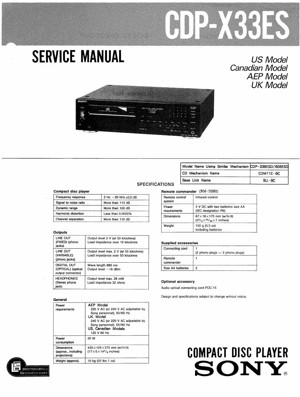 sony cdp x 33 es service manual