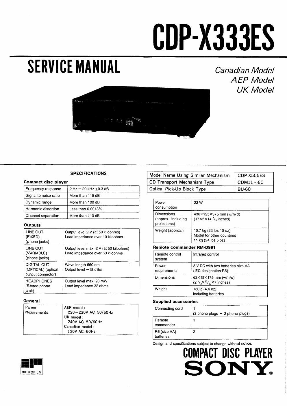 sony cdp x 333 es service manual