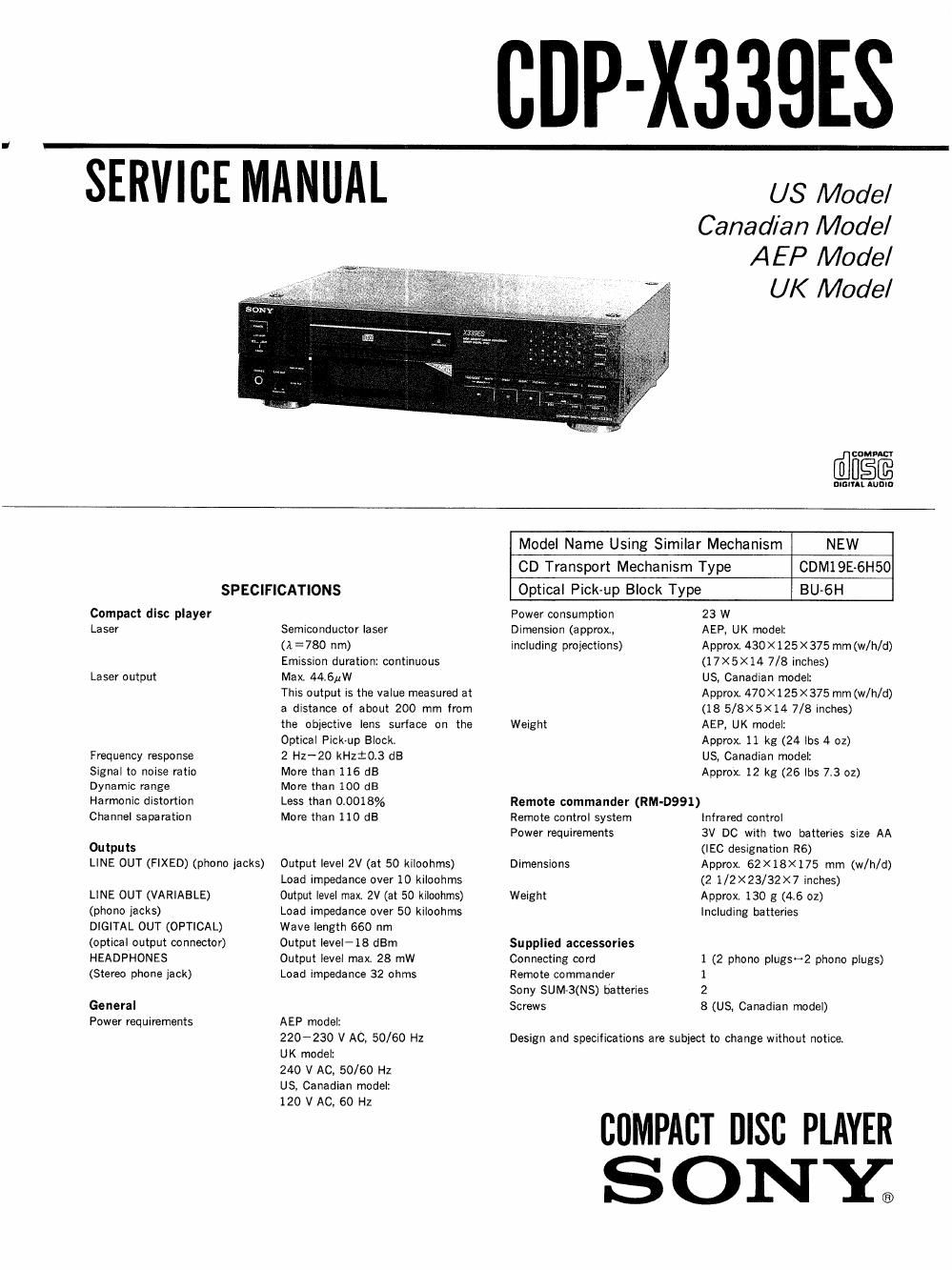 sony cdp x 339 es service manual