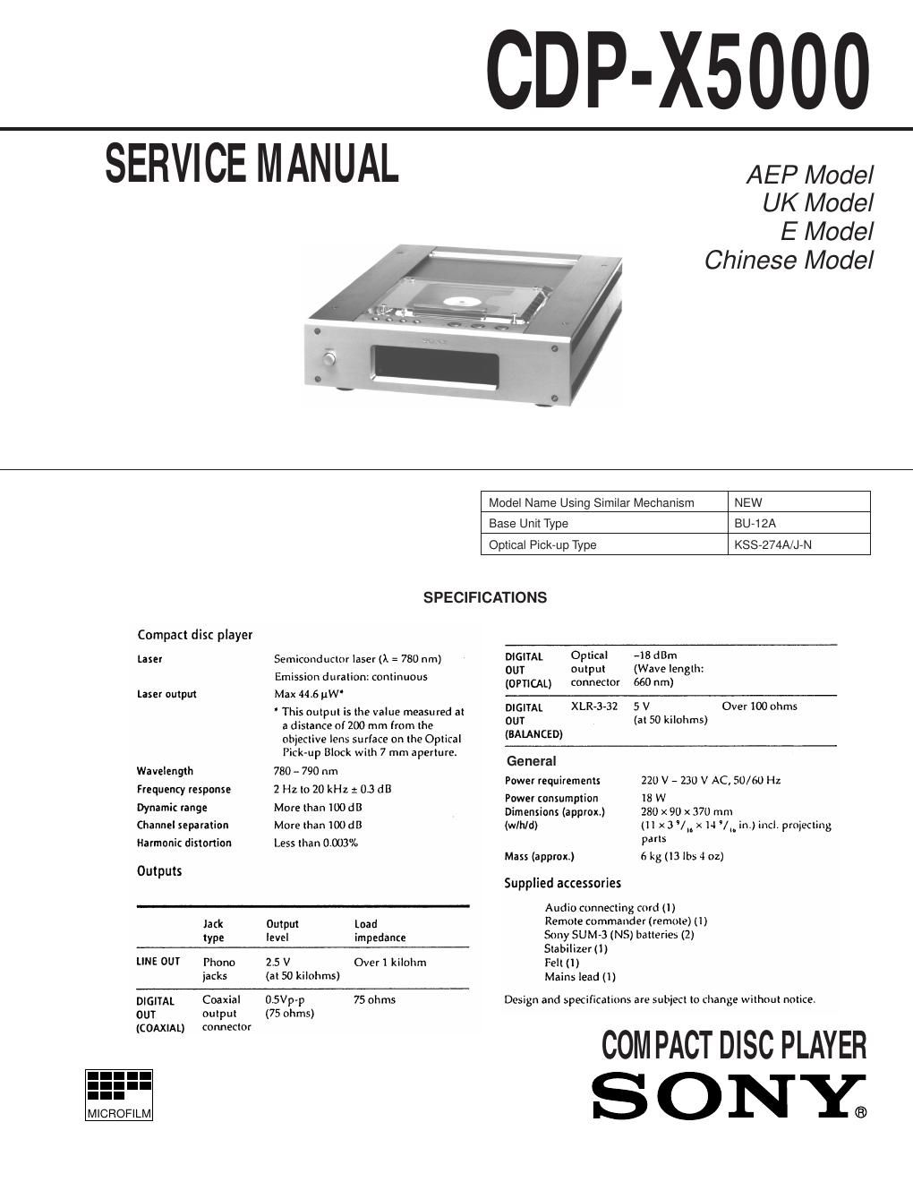 sony cdp x 5000 service manual