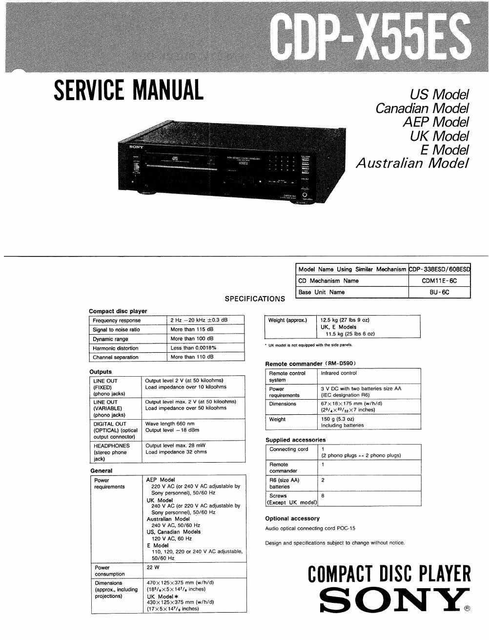 sony cdp x 55 es service manual