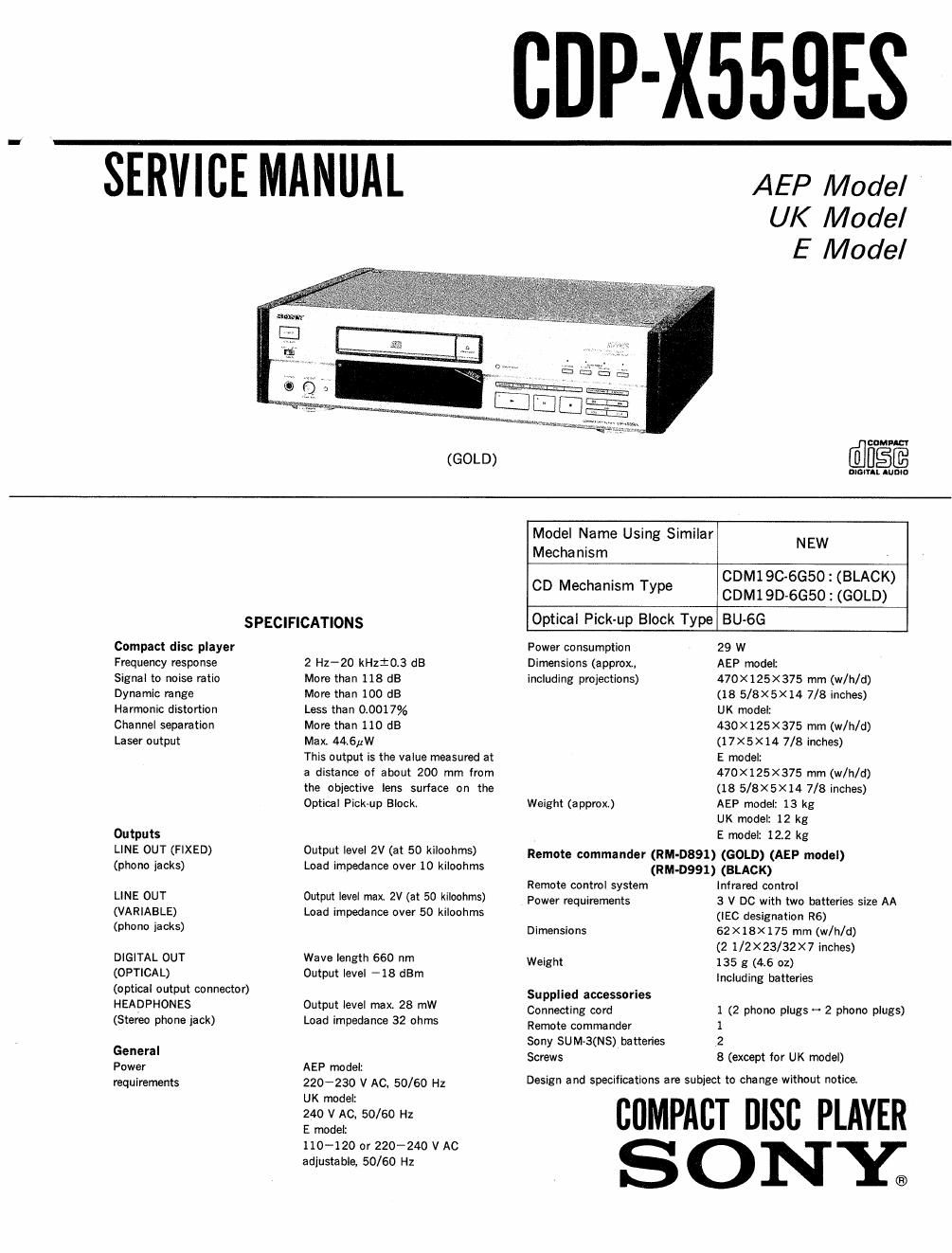 sony cdp x 559 es service manual
