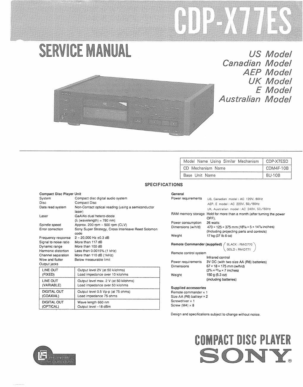 sony cdp x 77 es service manual