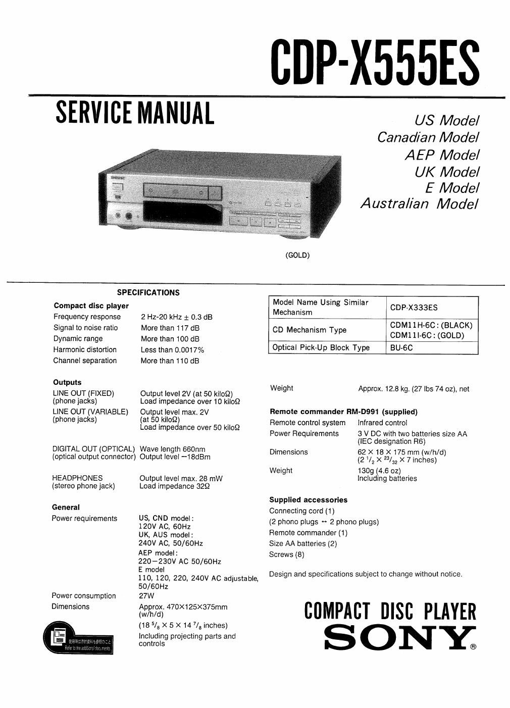 sony cdp x555es service manual